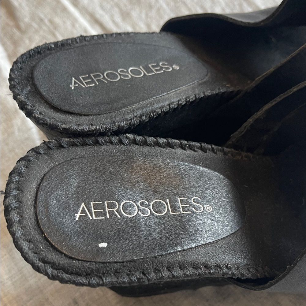 AEROSOLES Black Leather and suede Wedge Mules - Picture 2 of 7